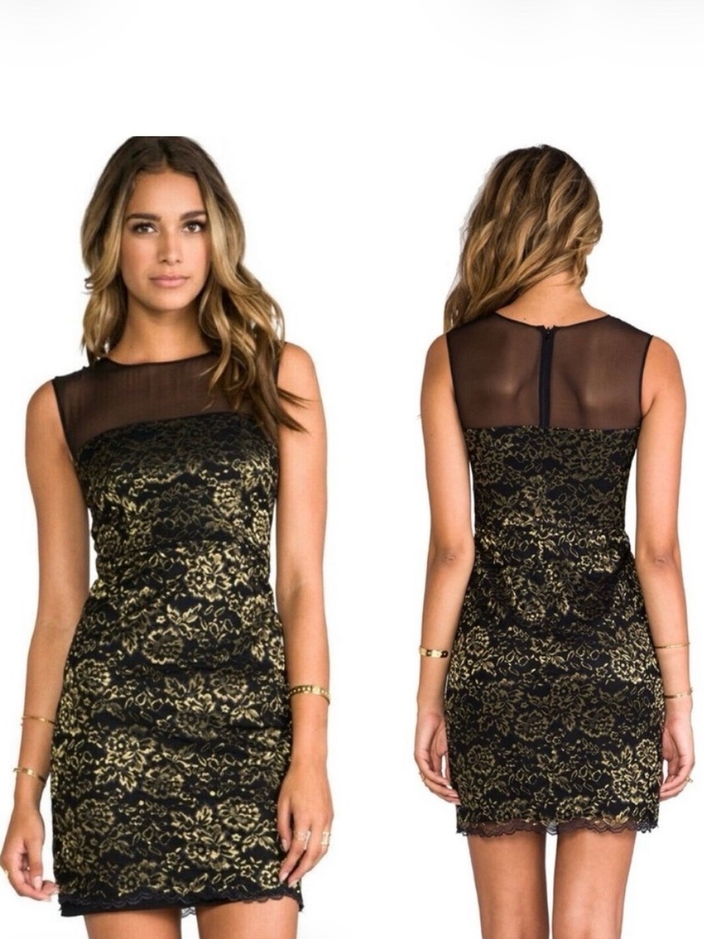 Diane Von Furstenberg Black and Gold Lace Mini Dress with Sheer Yoke